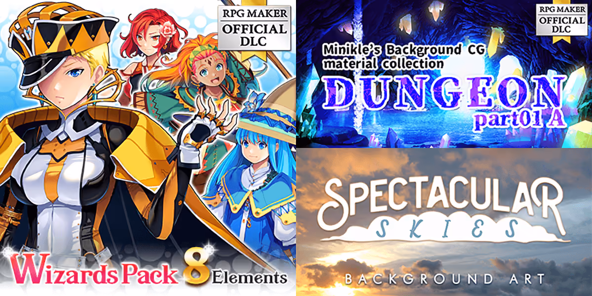 New Releases: Wizards Pack - 8 Elements, Minikle's Background CG Material Collection Dungeon part01 A, Spectacular Skies Background Art