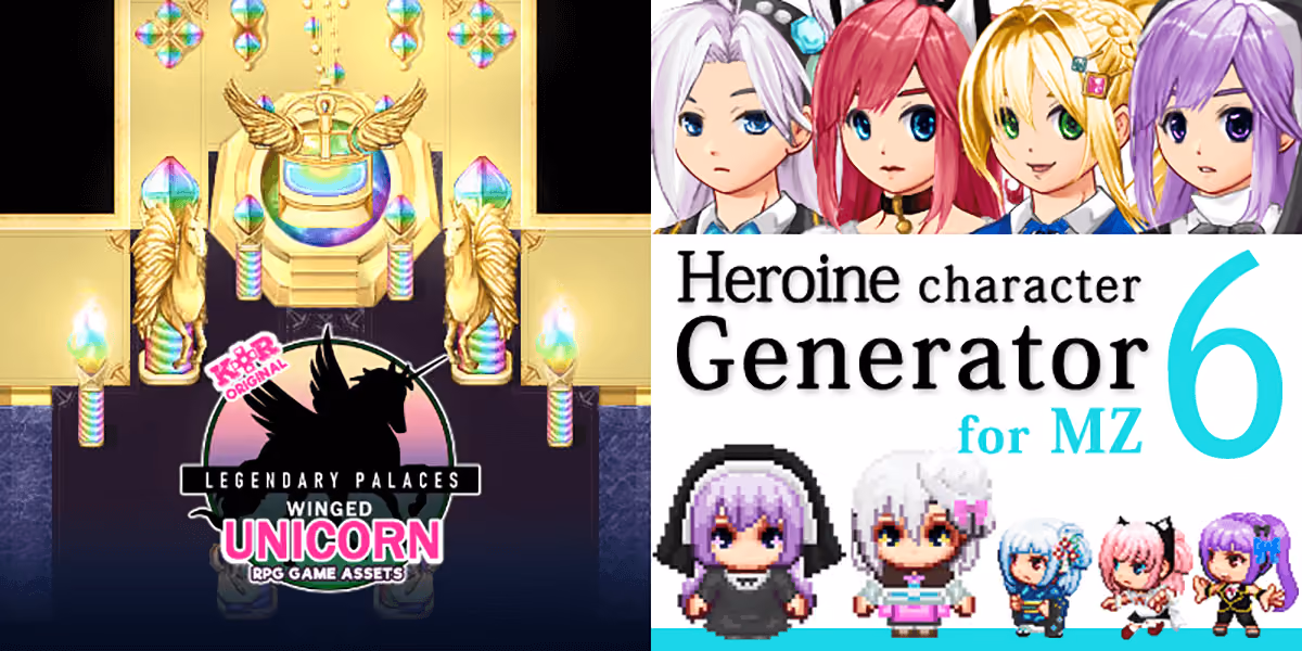 New Releases: KR Legendary Palaces - Winged Unicorn Tileset, Heroine Character Generator 6 for MZ