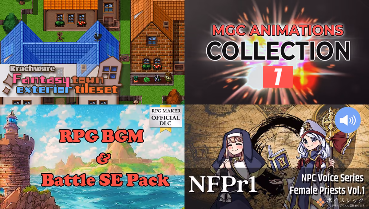 New Releases: Krachware Fantasy Town Exterior Tileset, MGC Animations Collection Vol 1, RPG BGM and Battle SE Pack, NPC Female Priests Vol.1