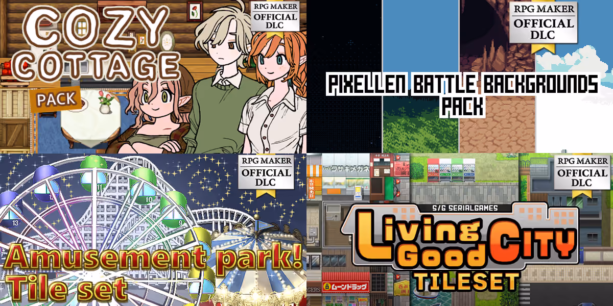 New Releases: Cozy Cottage Pack, Amusement park! Tileset, Pixellen Battle Backgrounds Pack, SERIALGAMES Living Good Tileset