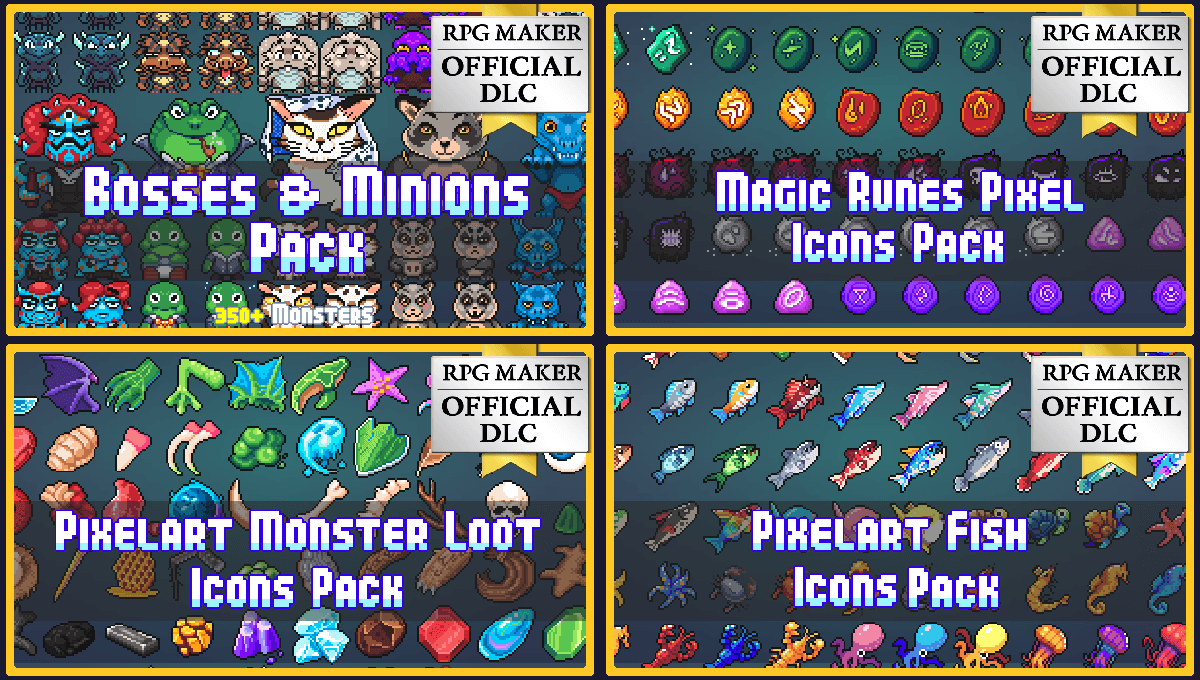 New DLC, Boss and Minions, Magic Runes Pixel Icons, Pixelart Monster Loot Icons, Pixelart Fish Icons