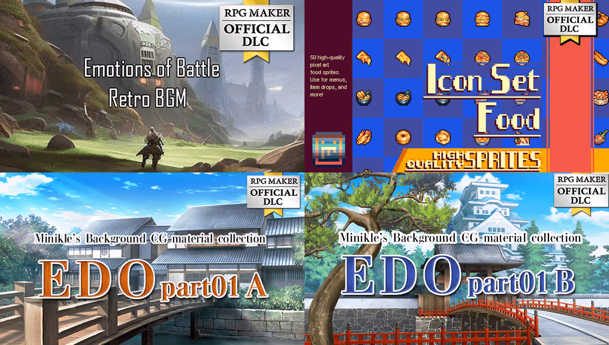 New Releases: Emotions of Battle, Food Icon Set, Minikle's Background CG Material Collection Edo part01 A & B