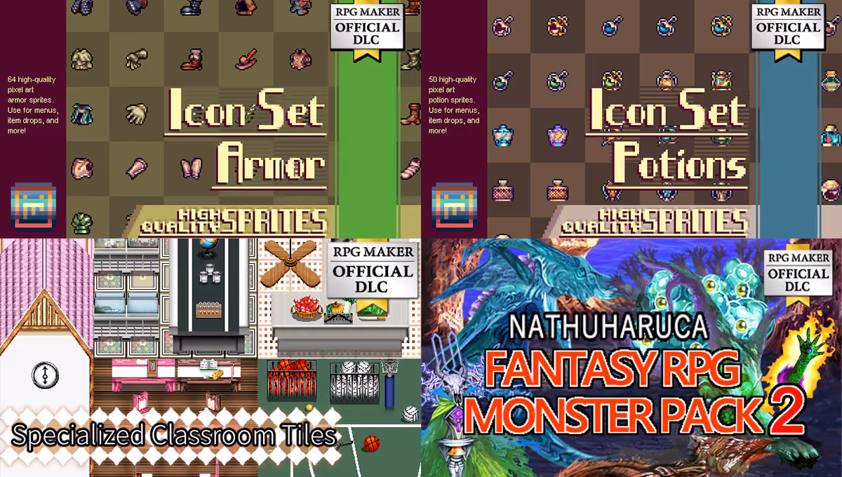 New Releases: Armor Icon Set, Potions Icon Set, Specialized Classroom Tiles, NATHUHARUCA Fantasy RPG Monster Pack 2