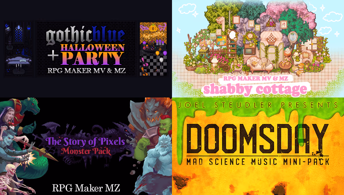 New Releases: Gothic Blue Halloween Party, Shabby Cottage, The Story of Pixels - Monster Pack, Doomsday Mad Science Music Mini Pack