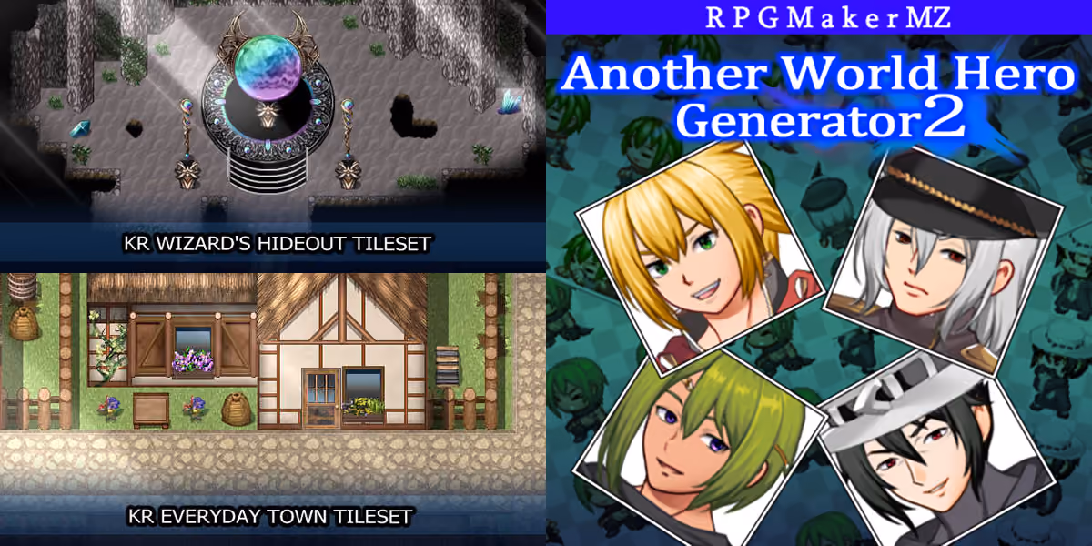 New Releases: KR Wizard's Hideout Tileset, KR Everyday Town Tileset, Another World Hero Generator 2 for MZ