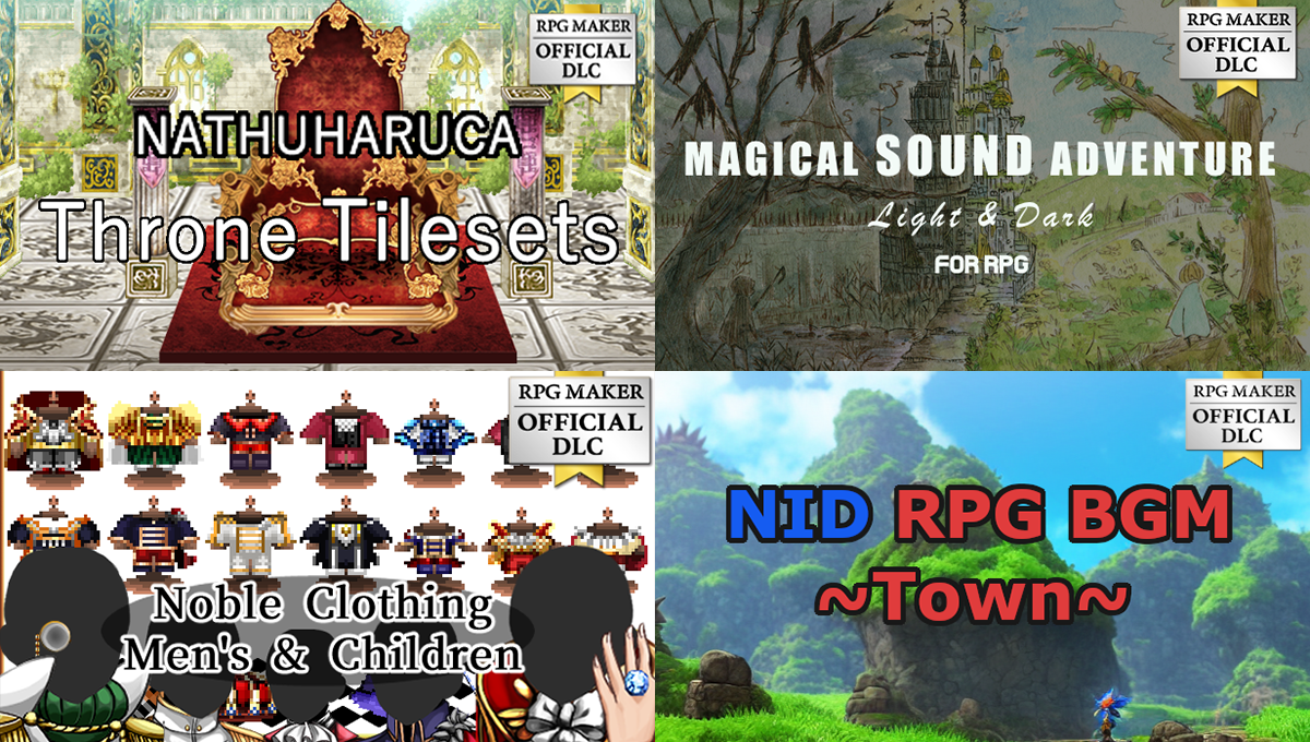 New Releases: NATHUHARUCA Throne Tilesets, Magical Sound Adventure - Light and Dark for RPG, Noble Clothing Men's and Children, Nid RPG BGM - Town