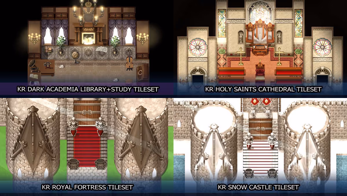 New Releases: KR Dark Academia Library Tileset, KR Holy Saints Cathedral Tileset, KR Royal Fortress Tileset, KR Snow Castle Tileset