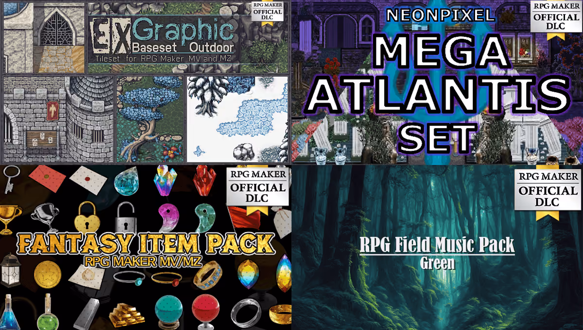 New Releases: EX Graphic Base Set Outdoor, NEONPIXEL - MEGA ATLANTIS SET, NWK - Fantasy Item Pack, RPG Field Music Pack Green