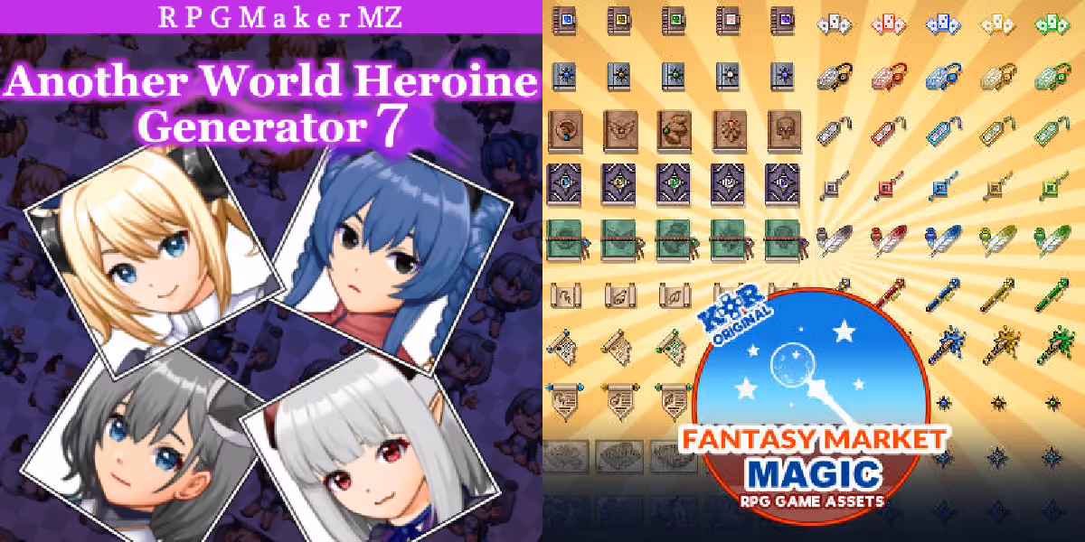 New Releases: Another World Heroine Generator 7 for MZ, KR Fantasy Market - Magic Tileset