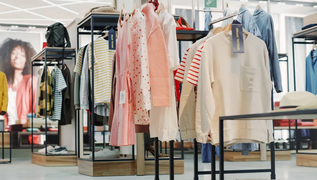 Racks with clothes on them.