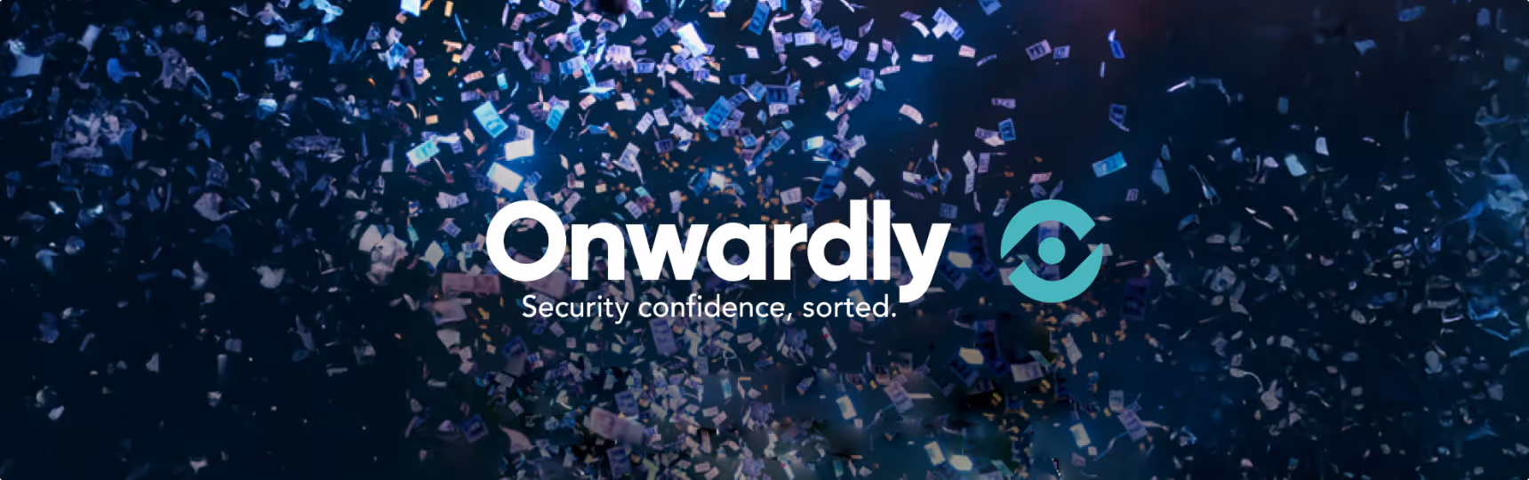 Onwardly logo with confetti in the background