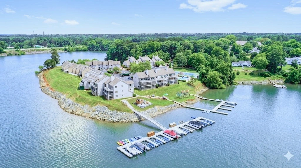 Aerial drone view of The Moorings and the Kerr Lake shoreline in Clarksville, Virginia