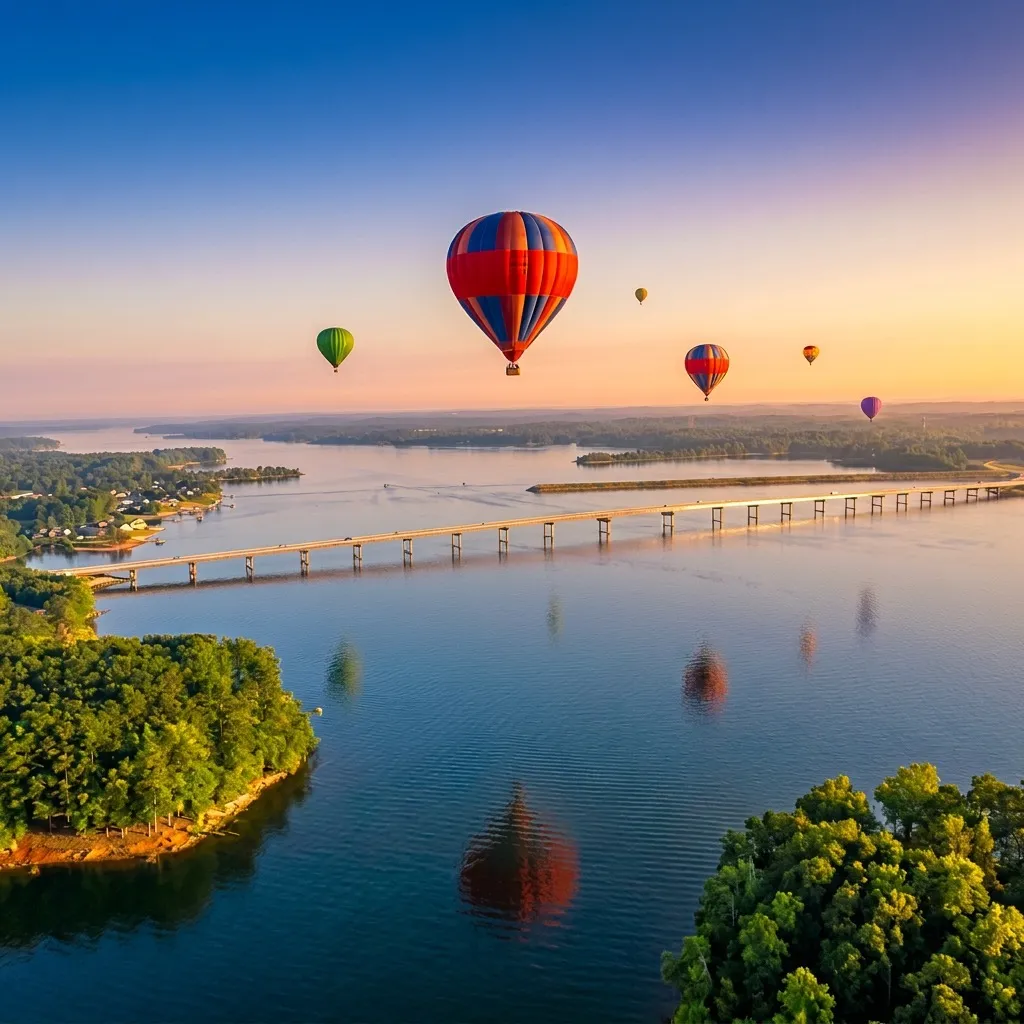 Colorful hot air balloons flying over a river with a bridge at sunset.