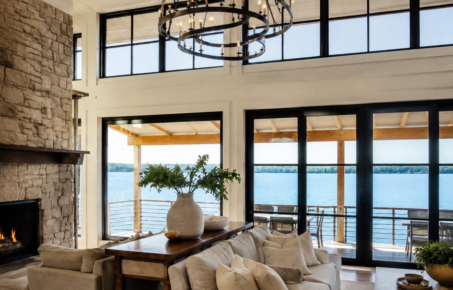 Lakefront home and landscaped shoreline at sunset on Kerr Lake