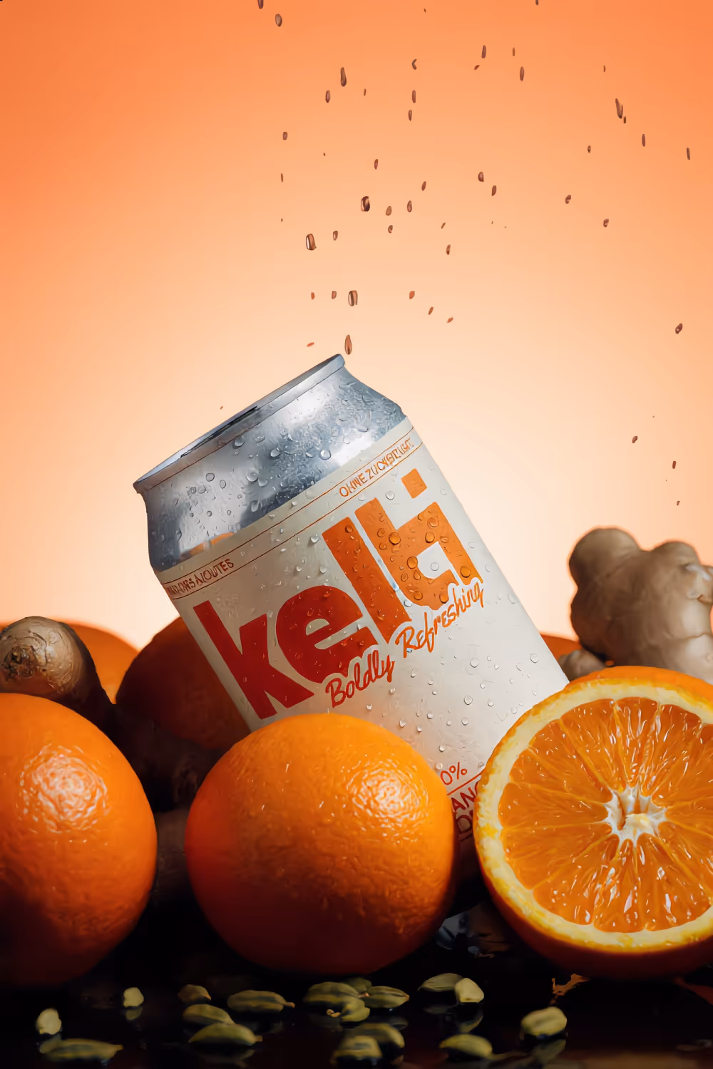 Kelti drink can with condensation surrounded by oranges and ginger on an orange gradient background.