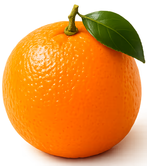 A ripe orange with a green leaf attached to its stem on a white background.