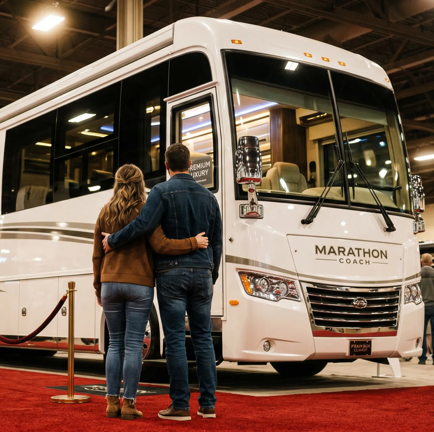 Couple standing arm in arm looking at a large white Marathon Coach RV at an indoor event.