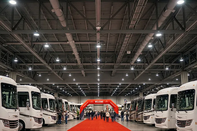 Indoor RV show with white motorhomes lined up along a red carpet and people walking under a welcome arch.