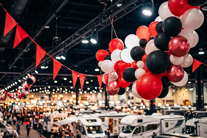 Red, black, and white balloons and triangular flags decorate an indoor RV expo with many campers.