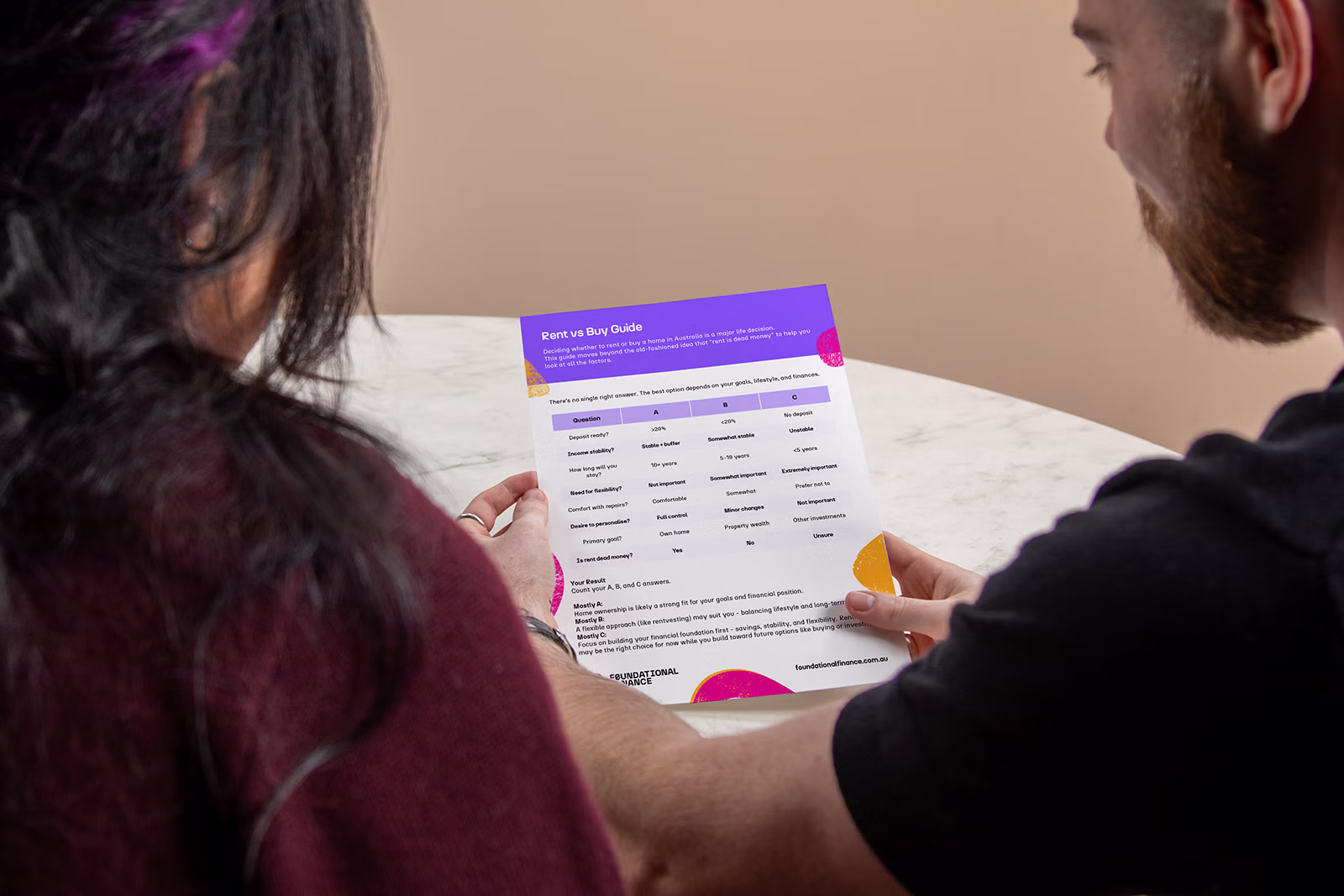 Two people sit at marble table reviewing a Rent vs Buy Guide flyer with text and a table.