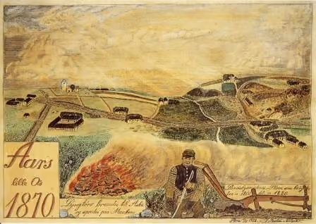 Jens Kristian Nielsens maleri af Aars omkring 1870, der viser hvor lille en landsby Aars var på dette tidspunkt