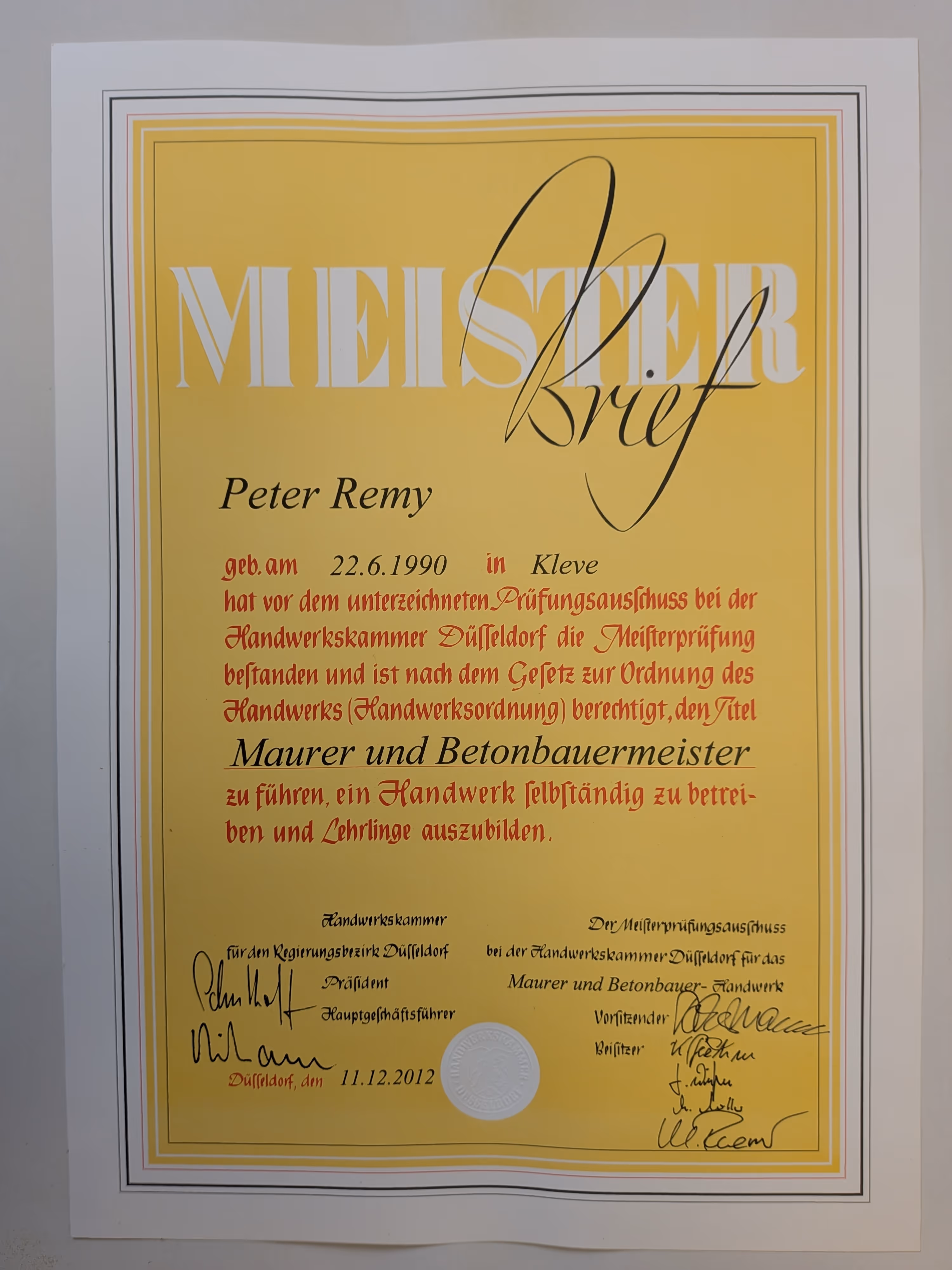 Meistertitel Urkunde