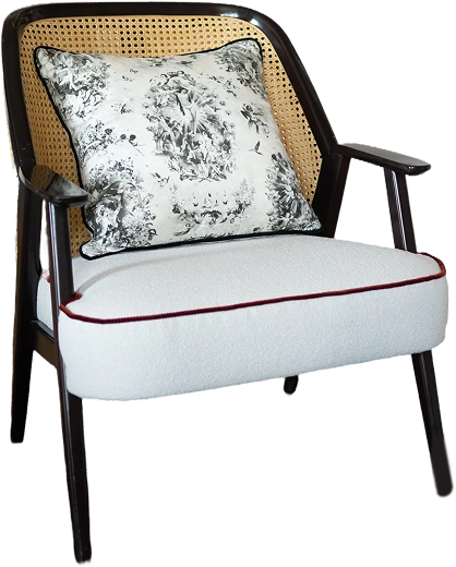 Photographie d'un meuble détouré. Chaise blanche avec liseré rouge