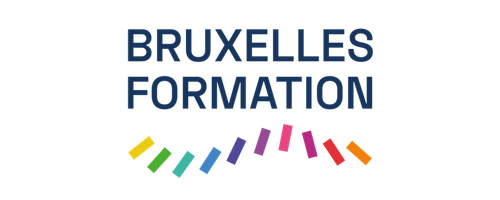 Logo with text 'BRUXELLES FORMATION' above a curved row of colored rectangles.