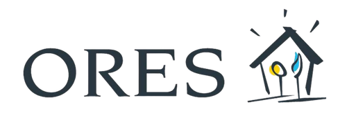 ORES logo with letters and a house outline containing three colorful stylized trees inside.