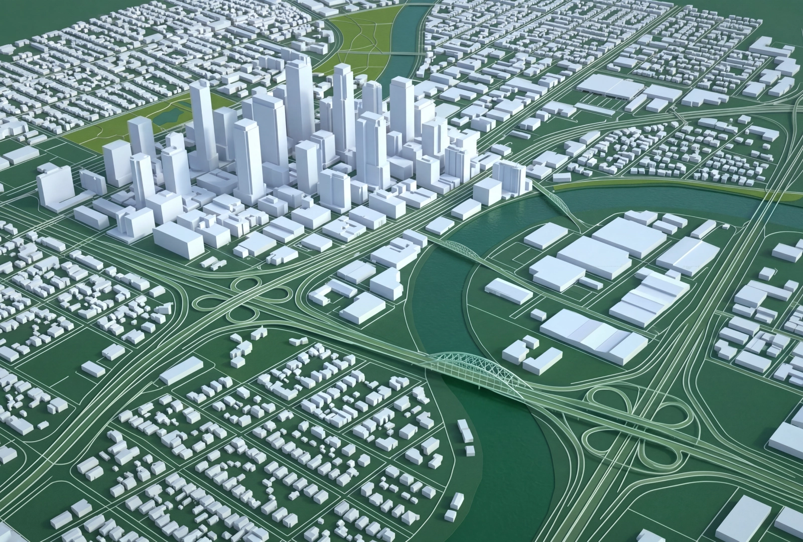 3D city model with roads, bridges, and buildings