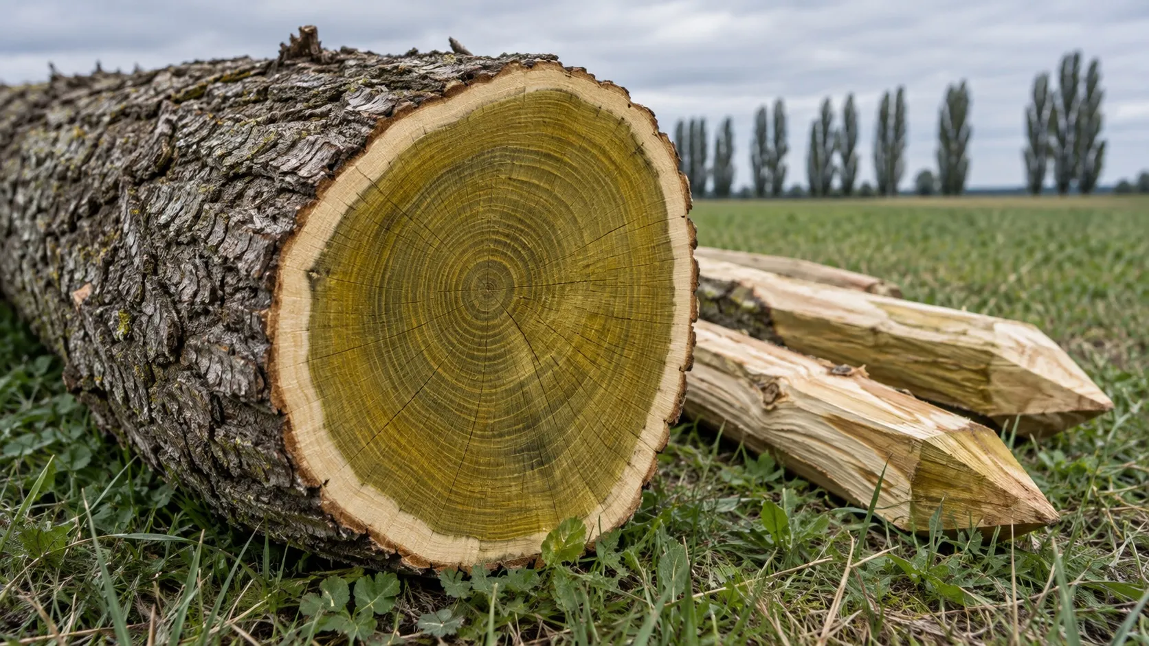 Čerstvě uříznutý akátový kmen ležící v trávě u pole, pohled na čelo. Žlutozelené jádro obklopuje úzká světlá běl s ostrou hranicí, kůra je hluboce rozpukaná a vedle leží štípané akátové kůly.