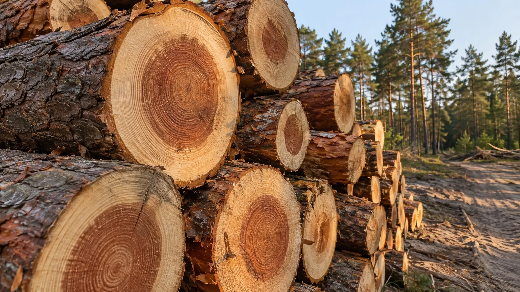 Čela uříznutých borovicových kmenů u lesní cesty v písčité nížině. Světlá nažloutlá běl obklopuje červenohnědé jádro s výraznými letokruhy.