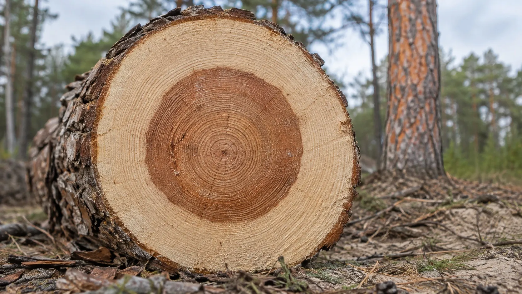 Řez borovicovým kmenem v borovém lese na písčité půdě. Červenohnědé jádro obklopuje široký světlý pruh běli, za kmenem stojí borovice s oranžovou kůrou.