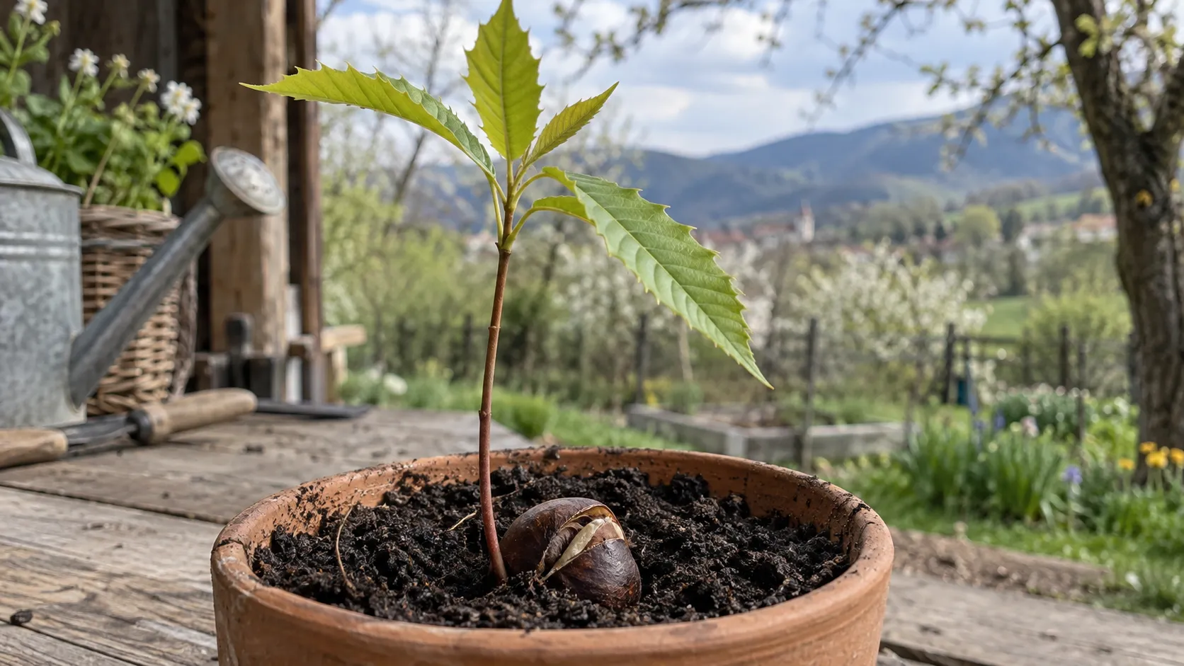 Mladý semenáček kaštanovníku jedlého s několika zubatými listy v hliněném květináči. Vedle stonku leží na zemi puklý kaštan.