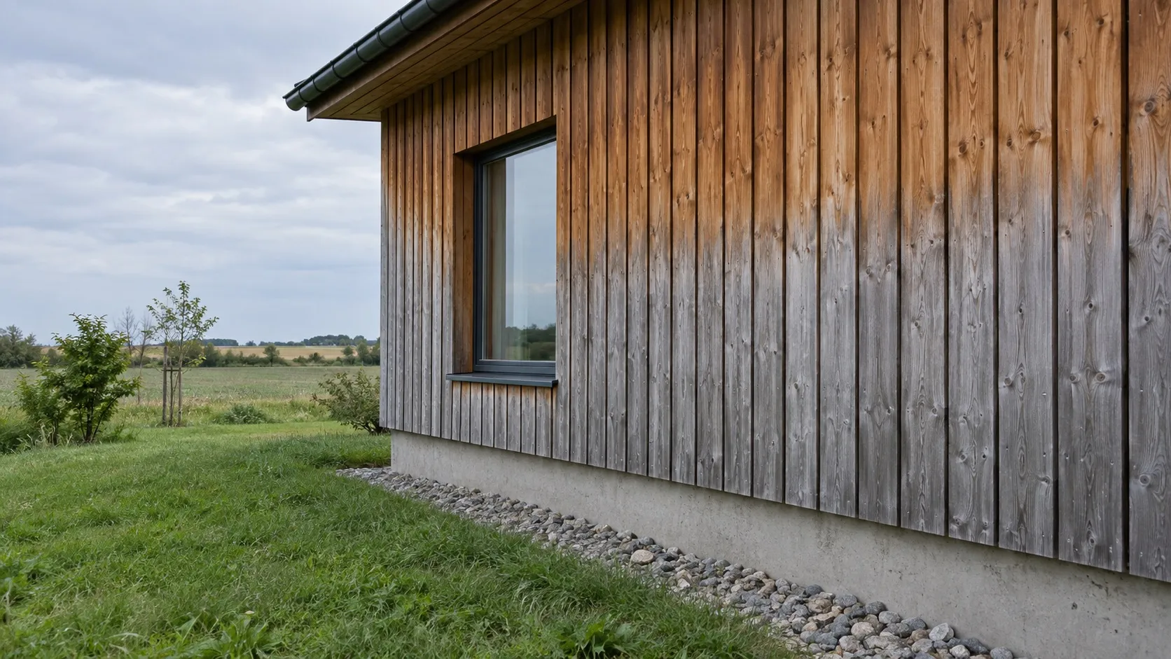 Svislý dřevěný obklad domu, který pod střechou zůstal hnědý a níže nerovnoměrně zešedl. Obklad končí nad betonovým soklem, pod ním je pás štěrku a za domem rovina s polem.