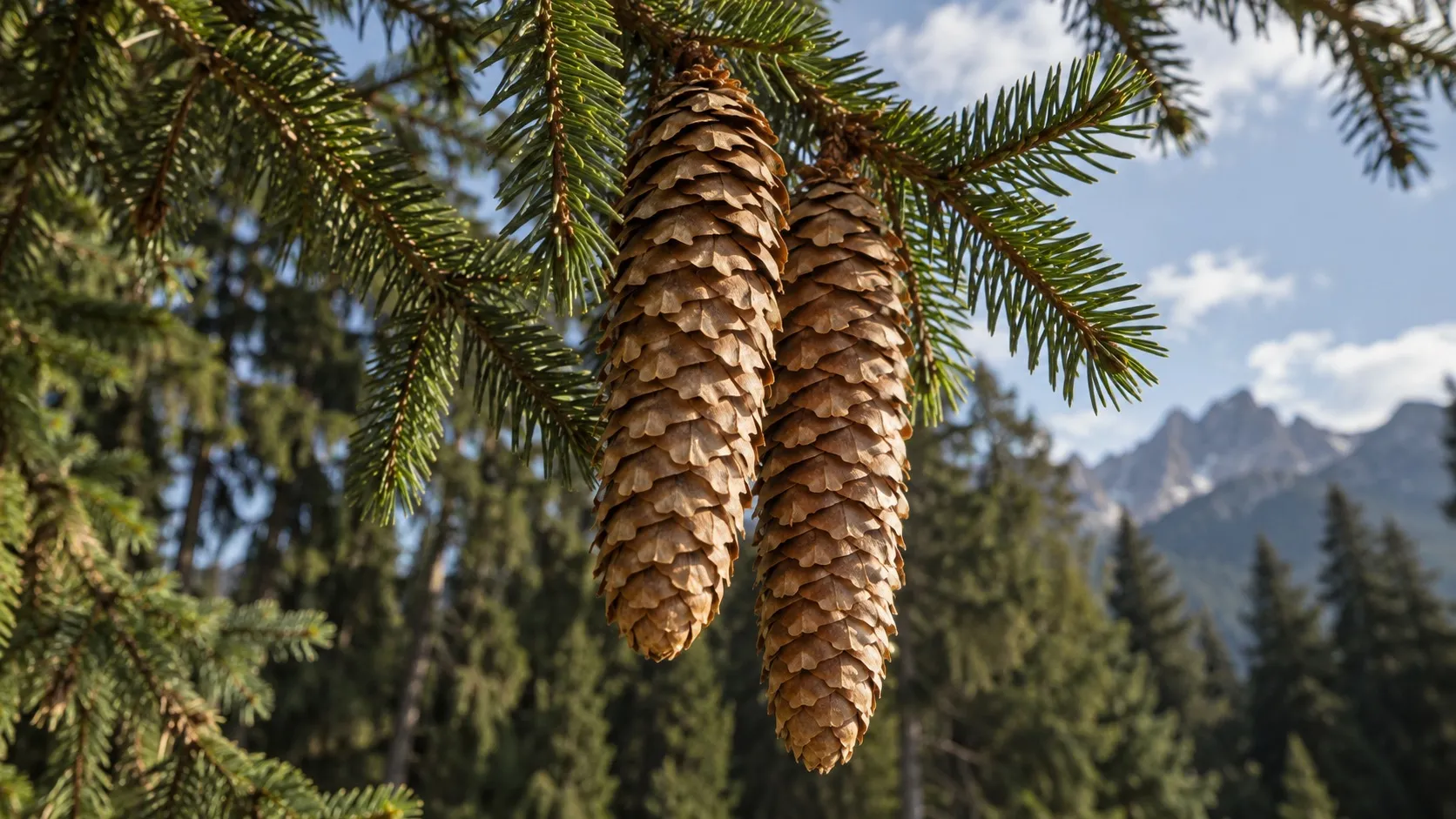 Detail větve smrku ztepilého s krátkými tuhými jehlicemi. Z větve visí dolů dvě dlouhé válcovité světle hnědé šišky.