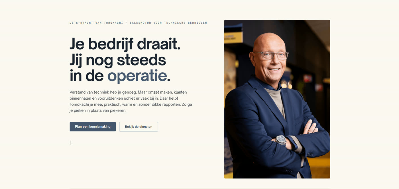 De homepage van Tomokachi Consultancy: Je bedrijf draait. Jij nog steeds in de operatie.
