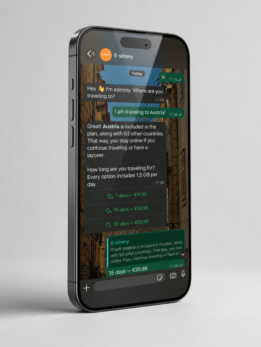 Een WhatsApp-gesprek met Esimmy op een telefoon: kies je bestemming en je bundel