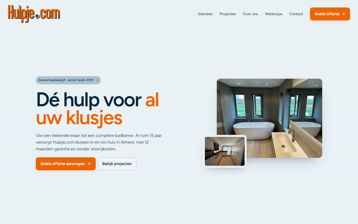 De homepage van Hulpje.com: Dé hulp voor al uw klusjes, met een knop voor een gratis offerte