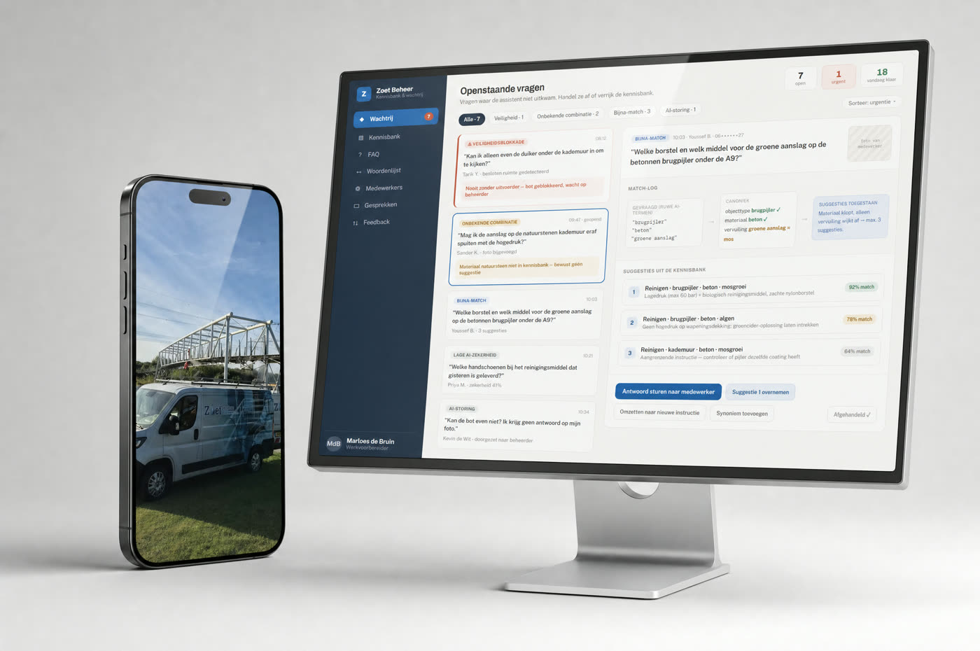 Het overzicht van de assistent van Zoet Services op een scherm en een telefoon
