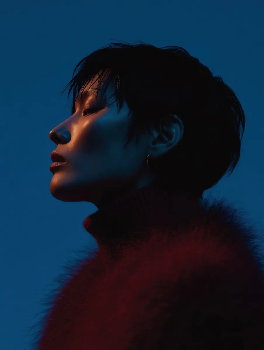 Profile portrait of a person with short hair illuminated by warm light on a blue background.