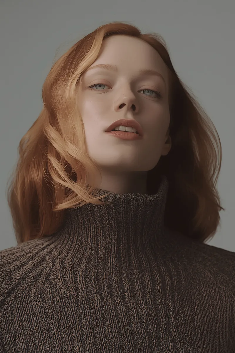 Young woman with light red hair wearing a brown turtleneck sweater against a neutral background.