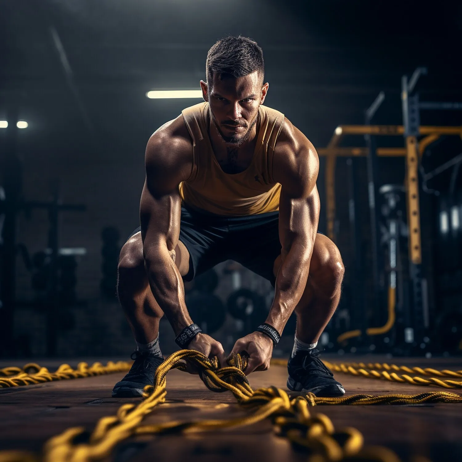 Muscular man in gym holding thick yellow battle ropes, preparing to exercise intensely.