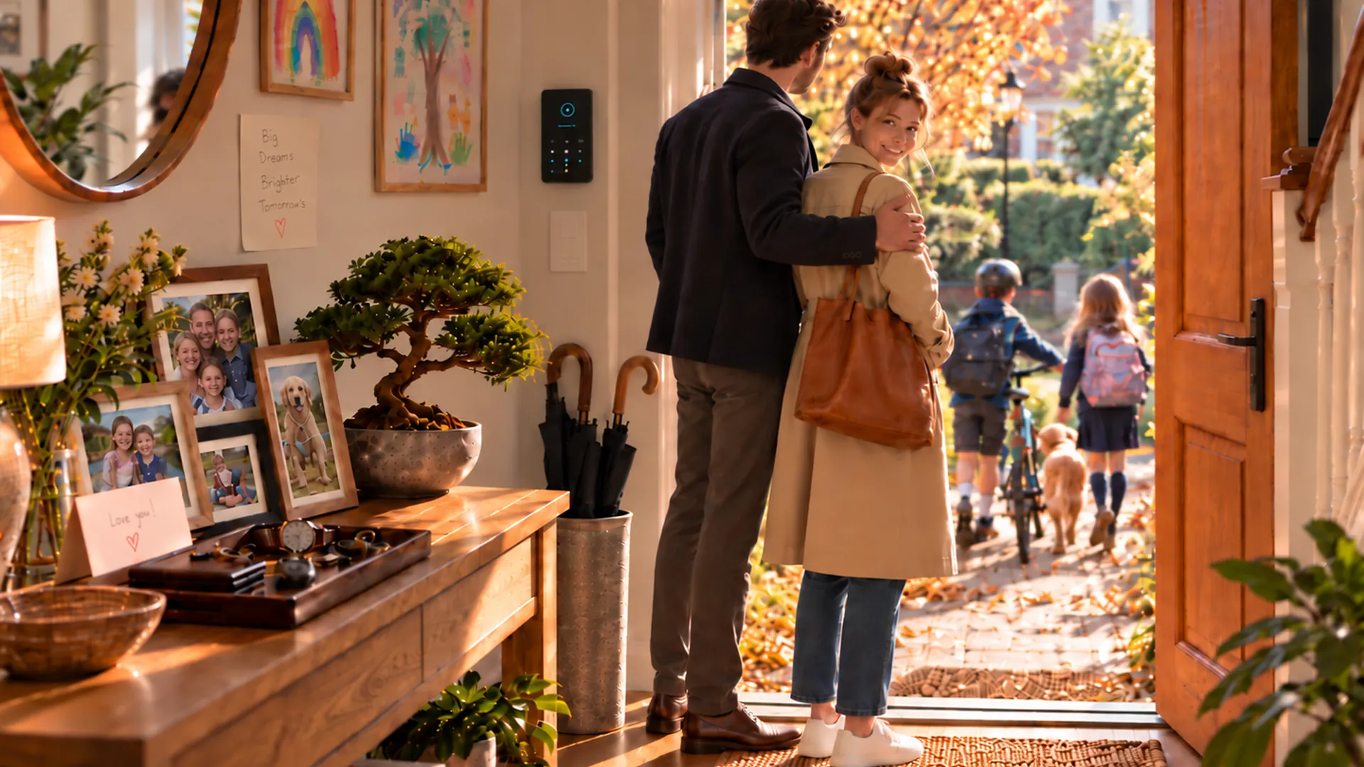 Parents at their front door as their children head to school on a sunny autumn morning.