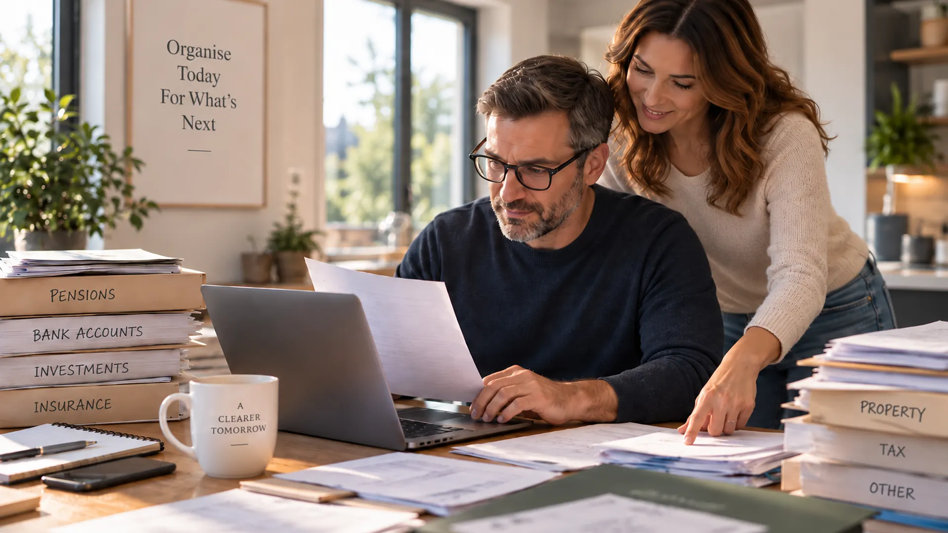 Couple organising pensions, bank accounts, investments, insurance and property records together at home.