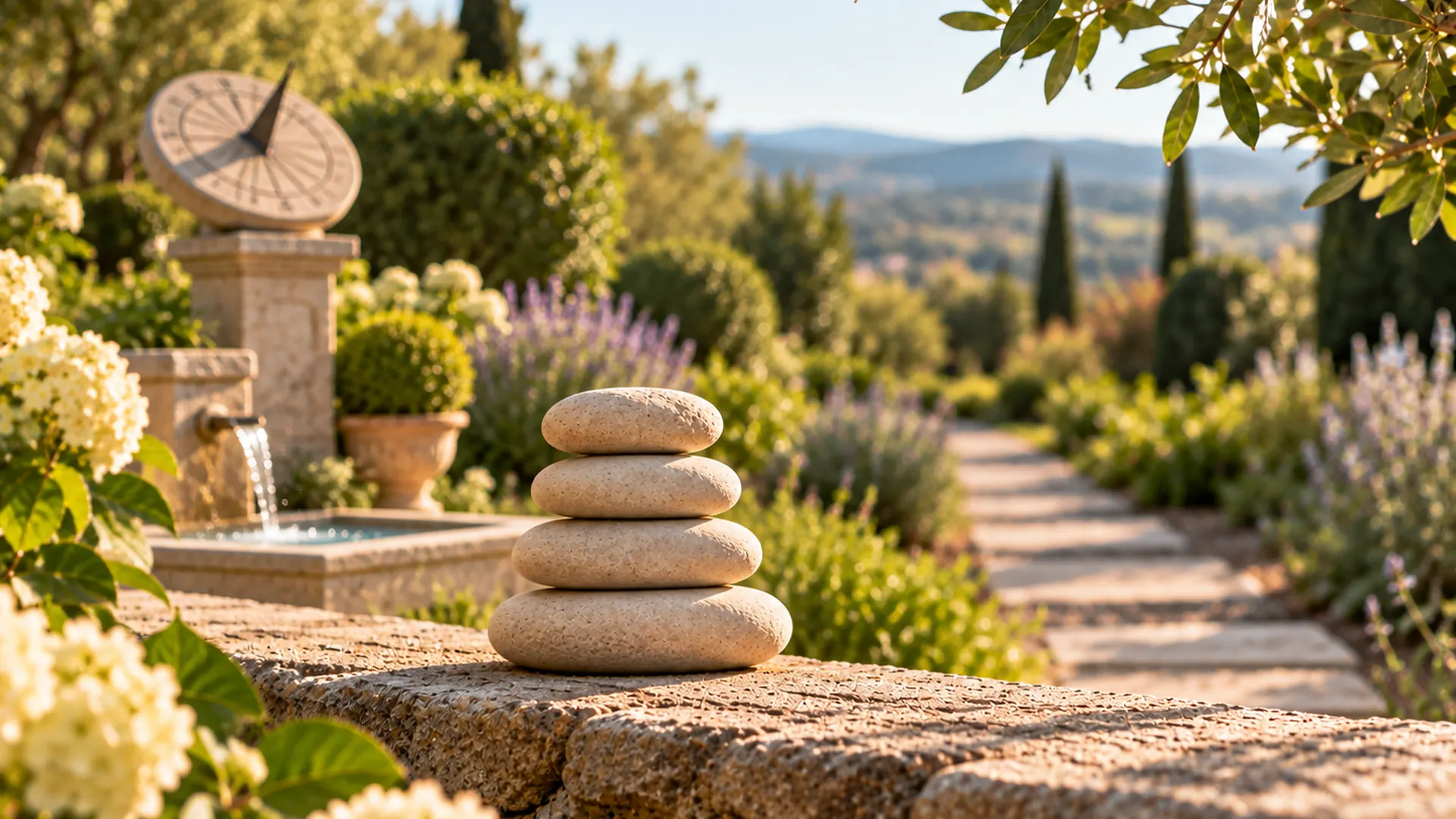 Sunlit garden path with stacked stones and a sundial, symbolising balance, time and long-term financial planning.