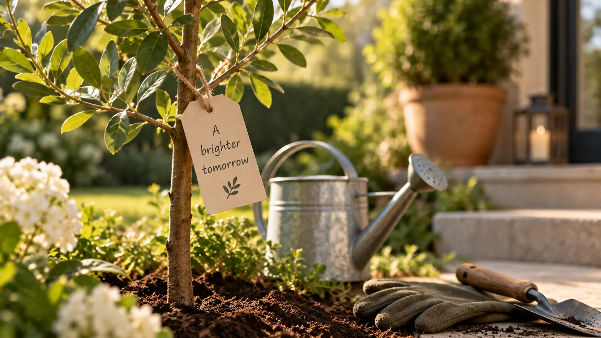 Newly planted tree with a ‘A brighter tomorrow’ tag, watering can and gardening tools in a sunlit garden.