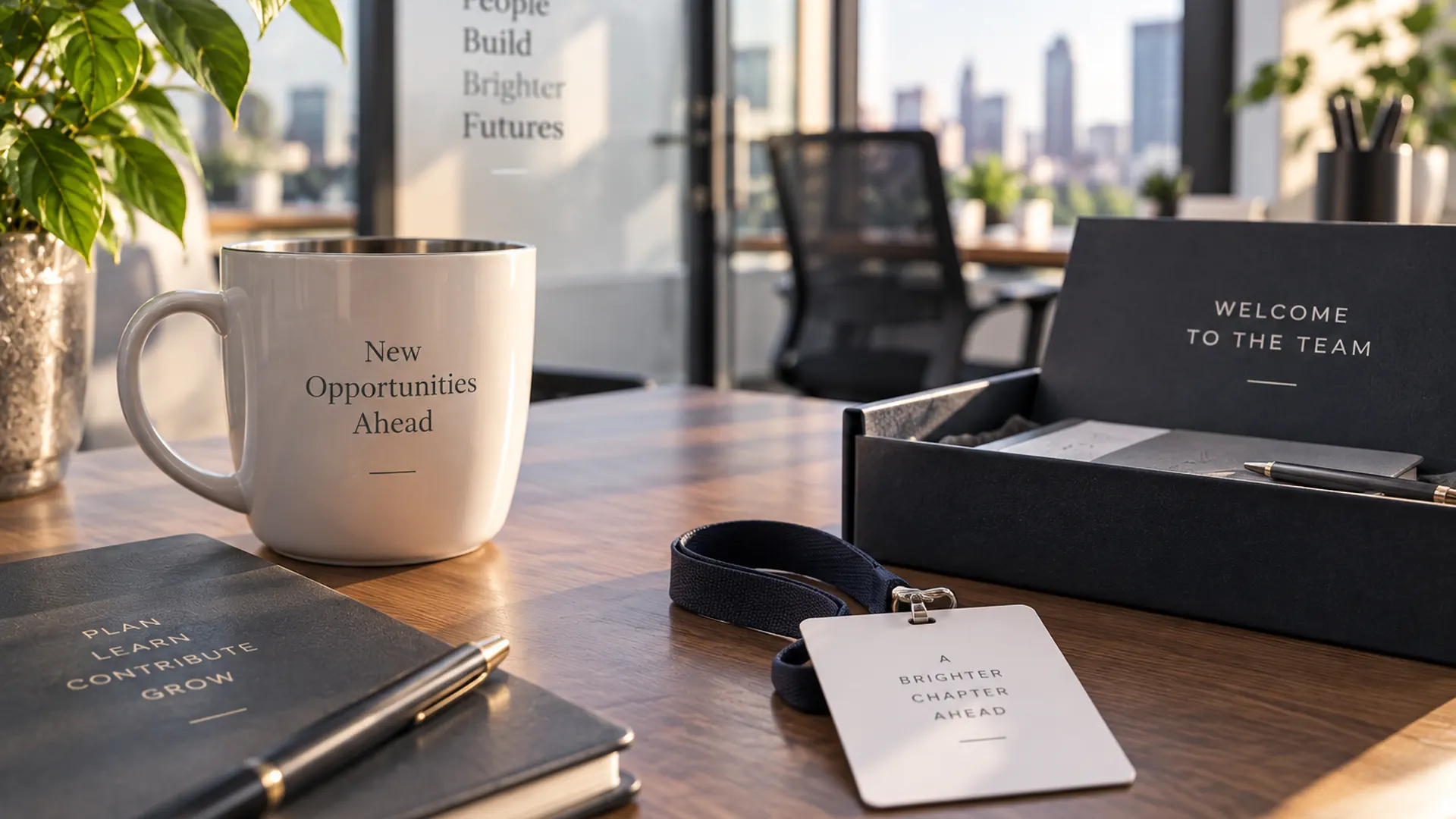Welcome-to-the-team box, notebook and coffee mug on a bright office desk, symbolising new opportunities and a fresh chapter.