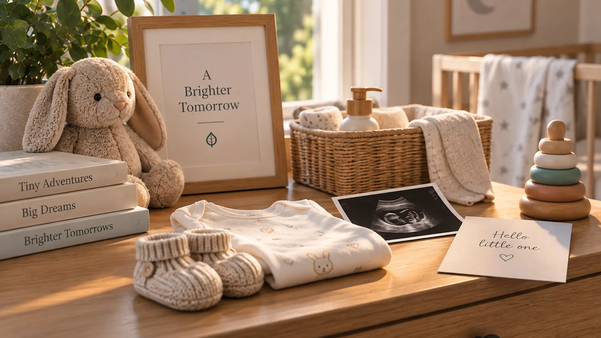Baby clothes, ultrasound photo and nursery items arranged beside an ‘A Brighter Tomorrow’ print, symbolising a growing family and future planning.