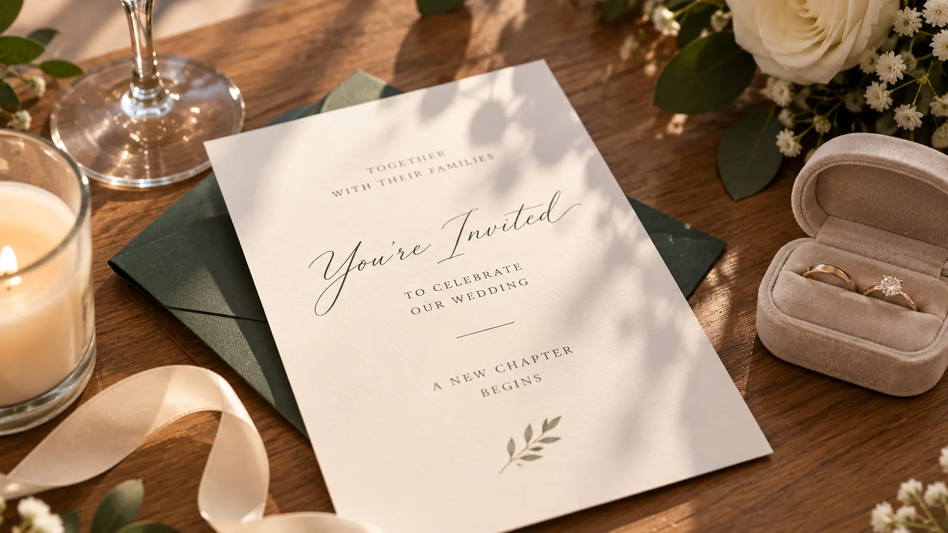 Wedding invitation, rings and flowers arranged on a table, symbolising marriage, family and the beginning of a new chapter.